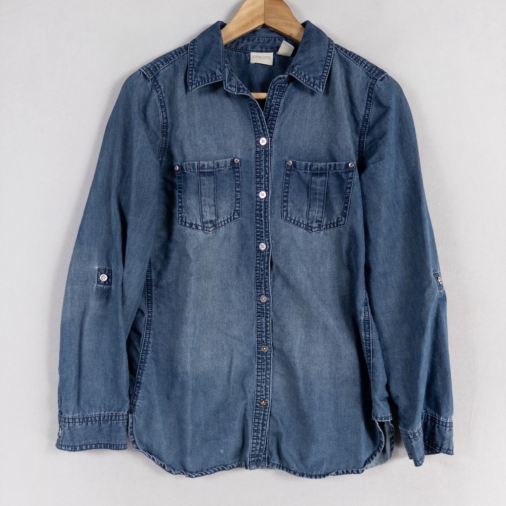 Chicos Shirt Womens 0 US Small Blue Button Up Chambray Roll Tab Sleeve Casual *